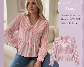 Patroon voor een blouse met Peter Pan-kraag (PDF), blouse met rucheskraag, naaipatroon voor een top in cottagecore-stijl, blouse met pofmouwen, alleen A4-formaat, maten S-XL