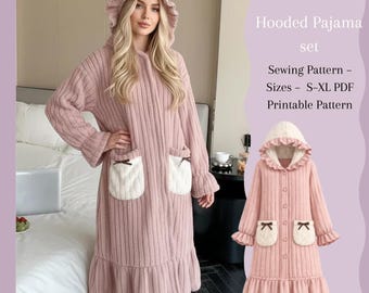 Naaipatroon voor een pyjama met capuchon (PDF) | Comfortabele badjas met knoopjes en ruches | Geschikt voor beginners | Maten S–XL | A4-formaat om af te drukken