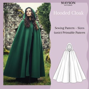 Pode incluir: Uma pessoa usando uma longa capa com capuz verde esmeralda. A capa é abotoada no pescoço e vai até o chão. A imagem inclui o texto "Hooded Cloak" e "Sewing Pattern - Sizes (unic) Printable Pattern".