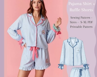 Naaipatroon voor pyjama (PDF) | Pyjamahemd met knoopjes + korte broek met ruches | Nachtkledingpatroon voor dames | Printbaar op A4-formaat | Maten S-XL