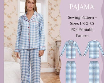 Naaipatroon voor een comfortabele pyjamaset – printbaar PDF-bestand, top met knoopjes en wijde broek (A4 en A0 formaat).