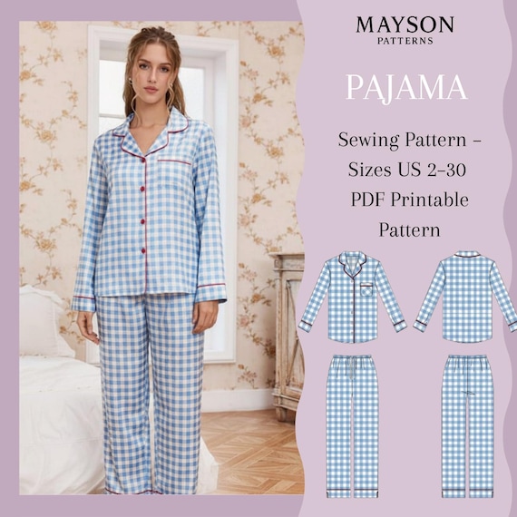 Comfort Pajama Set Sewing Pattern – Printable PDF, Button-Up Top & Wide Pants A4 and A0
