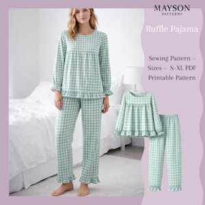 May include: A mint green and white gingham ruffle pajama set. The long-sleeved top and pants have ruffle details. The image also shows a smaller pajama set and the text "Ruffle Pajama" and "Sewing Pattern - Sizes - S-XL PDF Printable Pattern".
