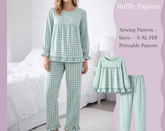 Naaipatroon voor een pyjama met ruches (PDF) | Damestop met lange mouwen en broek | Maten S-XL | Printbaar patroon op A4-formaat