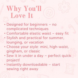 Op de afbeelding: Een lichtroze afbeelding met de tekst "Why You'll Love It" en opsommingstekens die de kenmerken van het product beschrijven. De tekst benadrukt gebruiksgemak, comfort, stijl en snelle projectvoltooiing. De achtergrond heeft decoratieve illustraties met naaithema's.