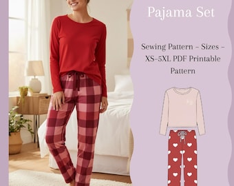 Naaipatroon pyjamaset | Lange mouwen en rechte broek | XS–5XL PDF | A4 A0 US Letter