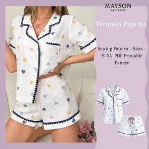 女性用パジャマセットの縫製パターン | シャツ + ショートパンツまたはパンツ | サイズ S-XL | 印刷可能なPDF