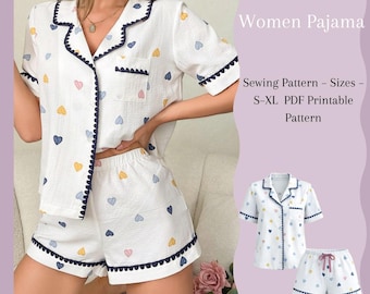 Naaipatroon voor een damespyjamaset | Shirt + korte broek of lange broek | Maten S-XL | Printbaar PDF-bestand