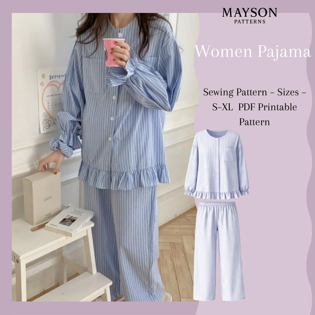 Women’s Button-up Pajama Set Sewing Pattern PDF | Ruffle Hem Top ...