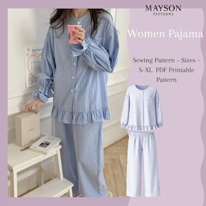 May include: A light blue and white striped pajama set. The long-sleeved top has a ruffled hem and cuffs. The matching trousers are wide-legged. The image also shows a sewing pattern with the text "Women Pajama" and "Sewing Pattern - Sizes - S-XL PDF Printable Pattern."