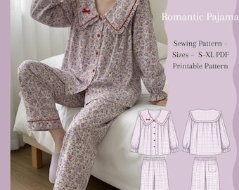 Romantisch pyjama naaipatroon | Blouse en broek met Peter Pan-kraag | PDF A4 | S–XL