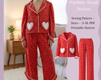 Naaipatroon voor damespyjama (PDF) | Pyjama met hartvormige zakken | Pyjamaset met lange mouwen | Printbaar op A4-formaat | Maten S–XL