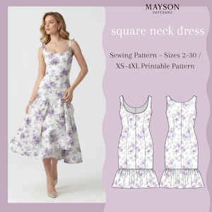 Patrón de costura para vestido de escote cuadrado (PDF, dobladillo ajustado con volante) | Tallas (EE. UU.): 2-30 / XS-4XL | A4, A0, Carta (EE. UU.)