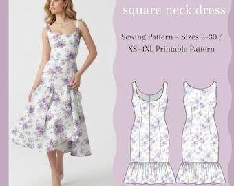 Naaipatroon jurk met vierkante hals – getailleerd volantzoom PDF | maten US 2–30 / XS–4XL | A4 A0 US Letter