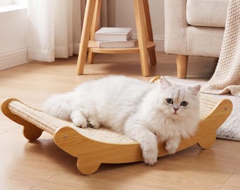 Sisal Cat Scratcher Lounge Bed | Wooden Cat Scratcher Curved Lounger | Indoor Cat Bed