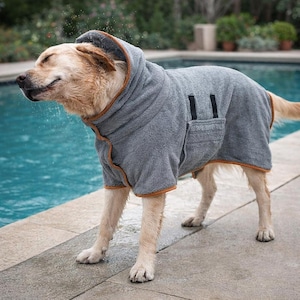 May include: A wet, light-colored dog shakes water off while wearing a gray hooded dog towel. The towel has brown trim and a pocket. The dog stands on a concrete surface next to a swimming pool.