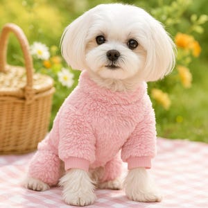 Könnte beinhalten: Ein kleiner, weißer Hund, der einen rosa, flauschigen Overall trägt. Der Hund sitzt auf einer rosa-weiß karierten Decke, mit einem Weidenkorb im Hintergrund. Das Fell des Hundes ist weiß und der Overall hat gerippte Bündchen.