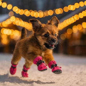 Puede incluir: Un perro pequeño y marrón con botas rosas es capturado en el aire en una escena nevada. El perro corre hacia el espectador, con un fondo borroso de luces cálidas y amarillas. Las botas tienen lazos negros.