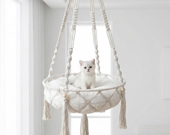 Handwoven Cotton Rope Cat Hammock | Boho Hanging Cat Bed with Cushion
