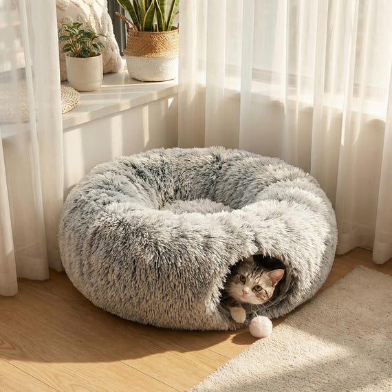 Cozy Plush Cat Tunnel Bed | Donut Cave Sofa, Removable Cover