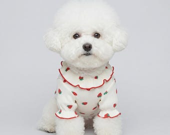 Puppy Strawberry Shirt | Small Dog Clothes | Pink Ruffle Collar Dog Apparel | Summer Pet Clothing