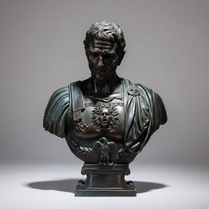 Könnte beinhalten: Eine Bronzebüste einer römischen Figur mit detaillierten Gesichtszügen und einem ernsten Ausdruck. Die Figur trägt eine Rüstung mit einem Medusa-Emblem und ein drapiertes Gewand. Die Büste ist auf einem Sockel mit einem Adleremblem montiert.