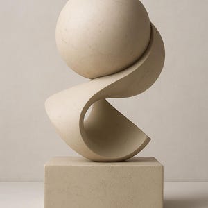 Könnte beinhalten: Eine beige abstrakte Skulptur mit einer Kugel, die auf einer fließenden, geschwungenen Form balanciert. Sie steht auf einem rechteckigen Sockel. Die neutrale Farbe und glatte Textur deuten auf eine moderne, minimalistische Ästhetik hin, geeignet für die Inneneinrichtung.