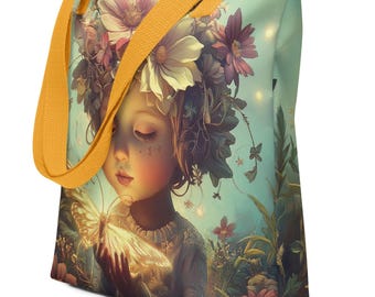 Tote Bag ""Meine zauberhafte Tochter"" Wunderliche Cottagecore Blumenkunst, Sommerfee."