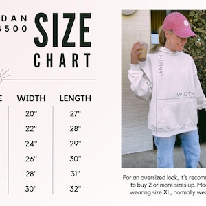 May include: White hooded sweatshirt with a front pocket. The size chart shows measurements in inches for sizes S to 3XL. The text on the chart reads "GILDAN 18500 SIZE CHART". The model is wearing size XL.