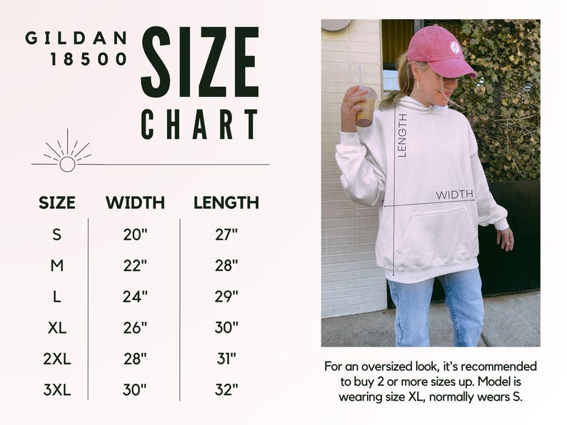 May include: White hooded sweatshirt with a front pocket. The size chart shows measurements in inches for sizes S to 3XL. The text on the chart reads "GILDAN 18500 SIZE CHART". The model is wearing size XL.