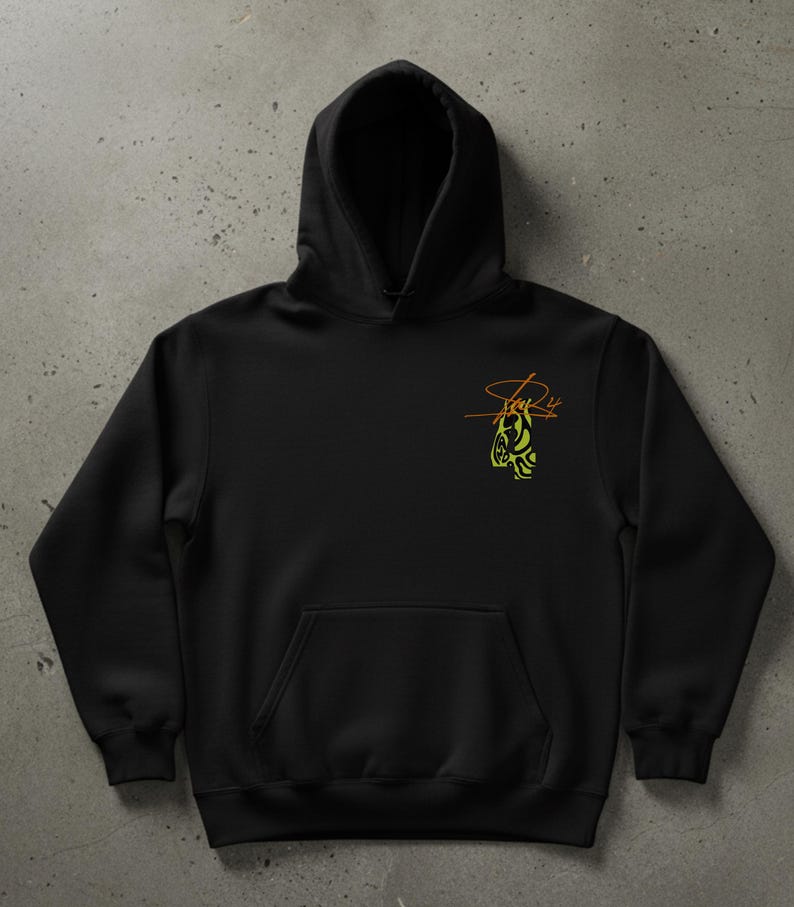 May include: Black hooded sweatshirt with a kangaroo pocket and a drawstring hood. The sweatshirt features a small, colorful graphic on the upper left chest. The graphic is a stylized design in shades of green and orange, with the text "Stay 4" above it.