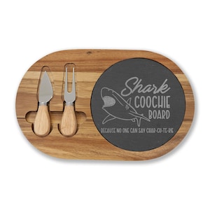 Personalized serving tray,Engraved Shark Coochie Board, Charcuterie Board with Slate, Cheese Knives