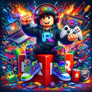 May include: A vibrant illustration of a Roblox character wearing a hoodie with a large "R" and colorful pants, headphones, and sneakers. The character is holding a game controller. The background is filled with gaming-related items and colorful splashes.