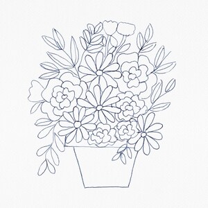 Può includere: Un disegno a penna e inchiostro di una composizione floreale in un vaso quadrato. I fiori includono margherite, rose e altri fiori, con steli fogliosi. L'opera d'arte è in stile minimalista, con un focus sulla linea e sulla forma.