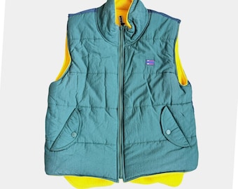 Vintage Bugle Boy Vest Mens L Reversible Full Zip Spellout Jacket Yellow Green