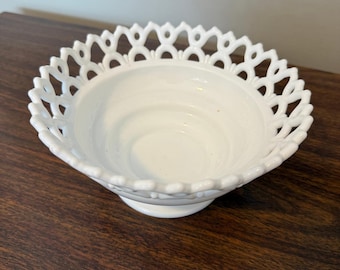 Vintage White Milk Glass Pedestal Bowl Open Lace Lattice Edge Footed Dish