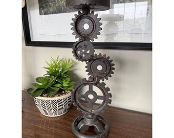 Industrial Gear Cog Candlestick Holder Rustic Metal Decor
