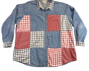 Vintage Patchwork Denim Long Sleeve Button Up Shirt Women's Plus Gingham