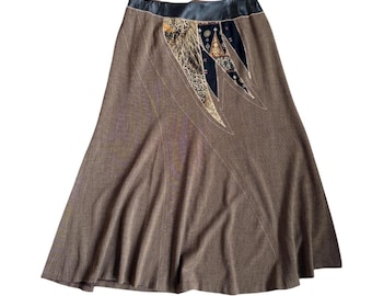 VTG Koos of Course Brown Patchwork Leather Trim Midi Skirt Womens 14