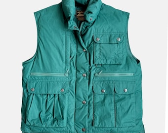 Vintage Eddie Bauer Women's Small Goose Down Utility Vest Green Puffer Pockets