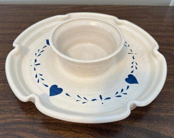 Vintage Stoneware Chip Dip Platter Blue Hearts Farmhouse Cottagecore Tray 11in