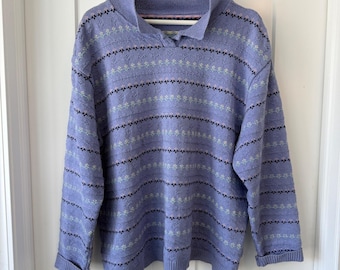 Vintage Pastelllila Krage Fair Isle Blommig Stickad Tröja Dam XL Lavendel