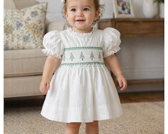 Vintage Kids White Hand Smocked Christmas Tree Dress Lace Puff Sleeve Sash