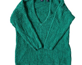 Vintage GAP Women's Green Textured V Neck Sweater Size S 90's Preppy Cottagecore