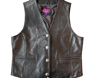 Chaleco de cuero marrón grande vintage Verducci con botones de níquel de búfalo, estilo años 90, para motociclista