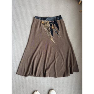 Falda midi vintage Koos of Course marrón con detalles de patchwork y cuero, talla 14 para mujer.