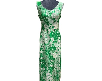 Vintage Waltah Clarke Dress Made in Honolulu Green Floral Maxi 60s 70s Style
