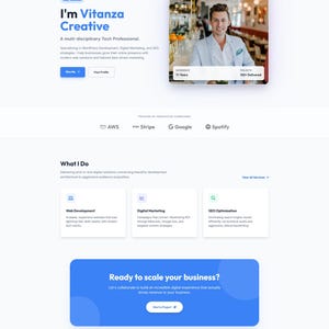 May include: A website design for Vitanza Creative, a multi-disciplinary tech professional. The site features a blue and white color scheme, with sections for services, portfolio, and contact information. The site includes the text "I'm Vitanza Creative."