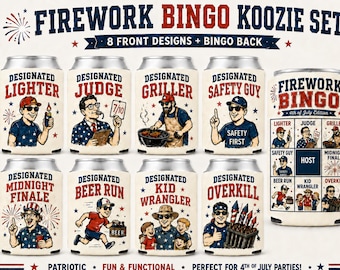 Juego de enfriadores de latas de bingo de fuegos artificiales, juego de enfriadores de latas del 4 de julio, recuerdo de fiesta patriótica, funda divertida para bebidas con temática de fuegos artificiales en el jardín, regalo para barbacoa de verano