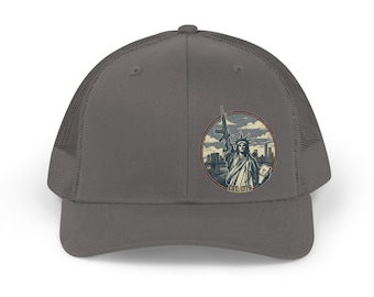 Gorra de camionero con gráfico retro de la Estatua de la Libertad / Parche de monumento histórico vintage de Nueva York